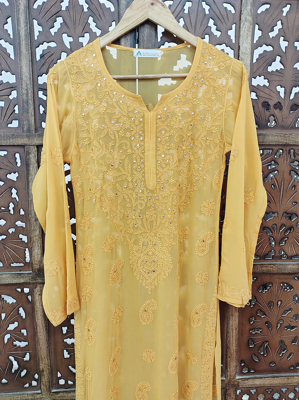 Yellow Viscose Chikankari Straight Kurti - Image 3