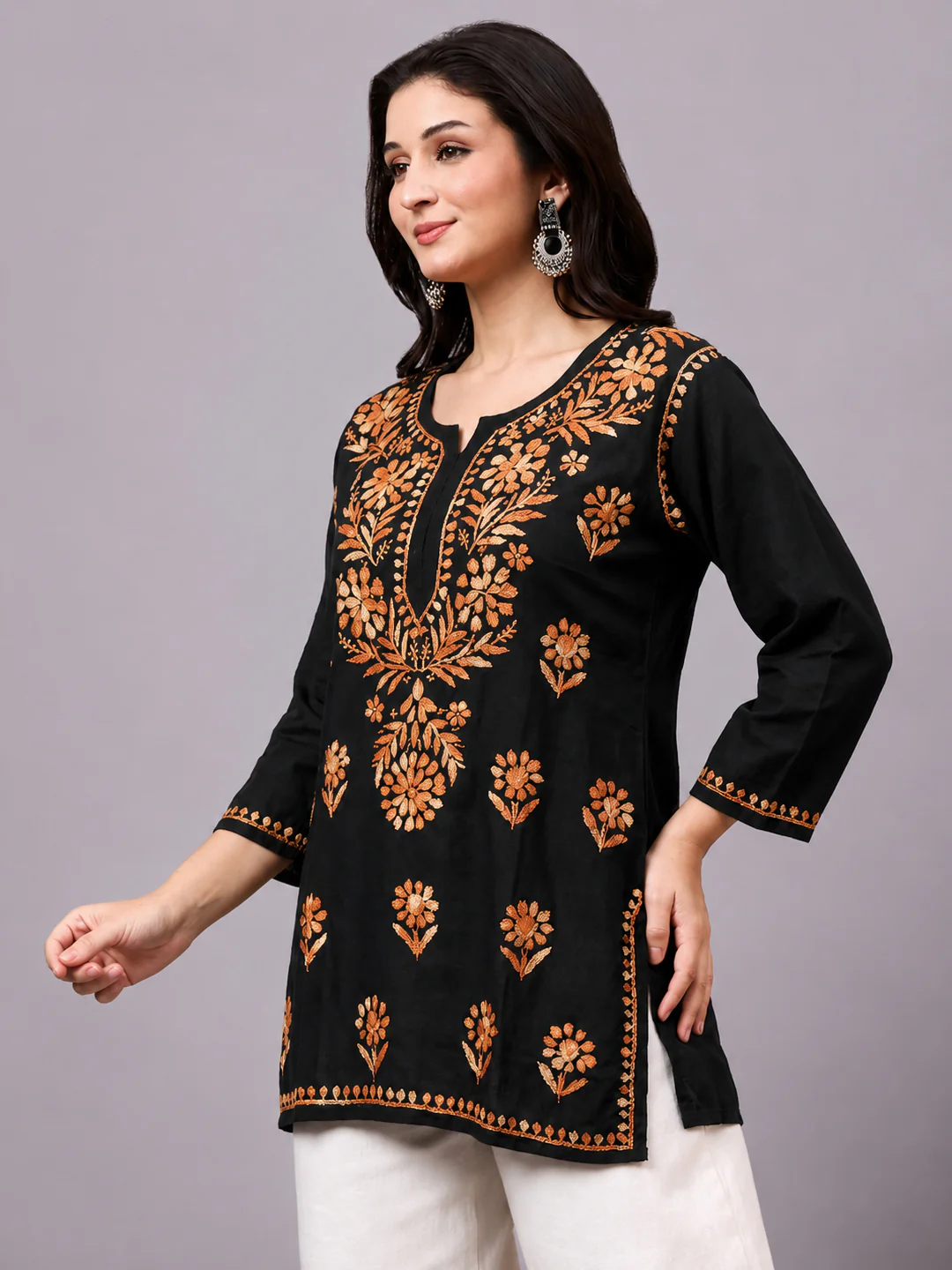 Yusra Rayon Chikankari Short Kurta - Beige - Image 2