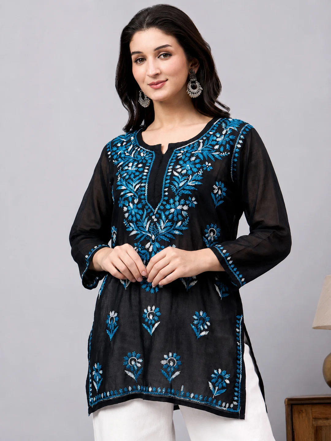 Yusra Rayon Chikankari Short Kurta - Blue