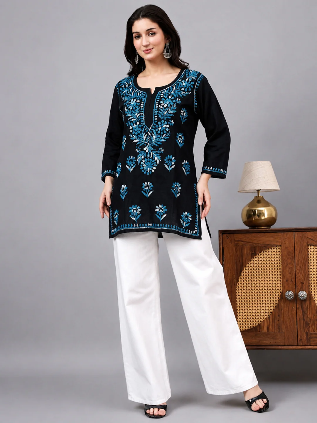 Yusra Rayon Chikankari Short Kurta - Blue - Image 3