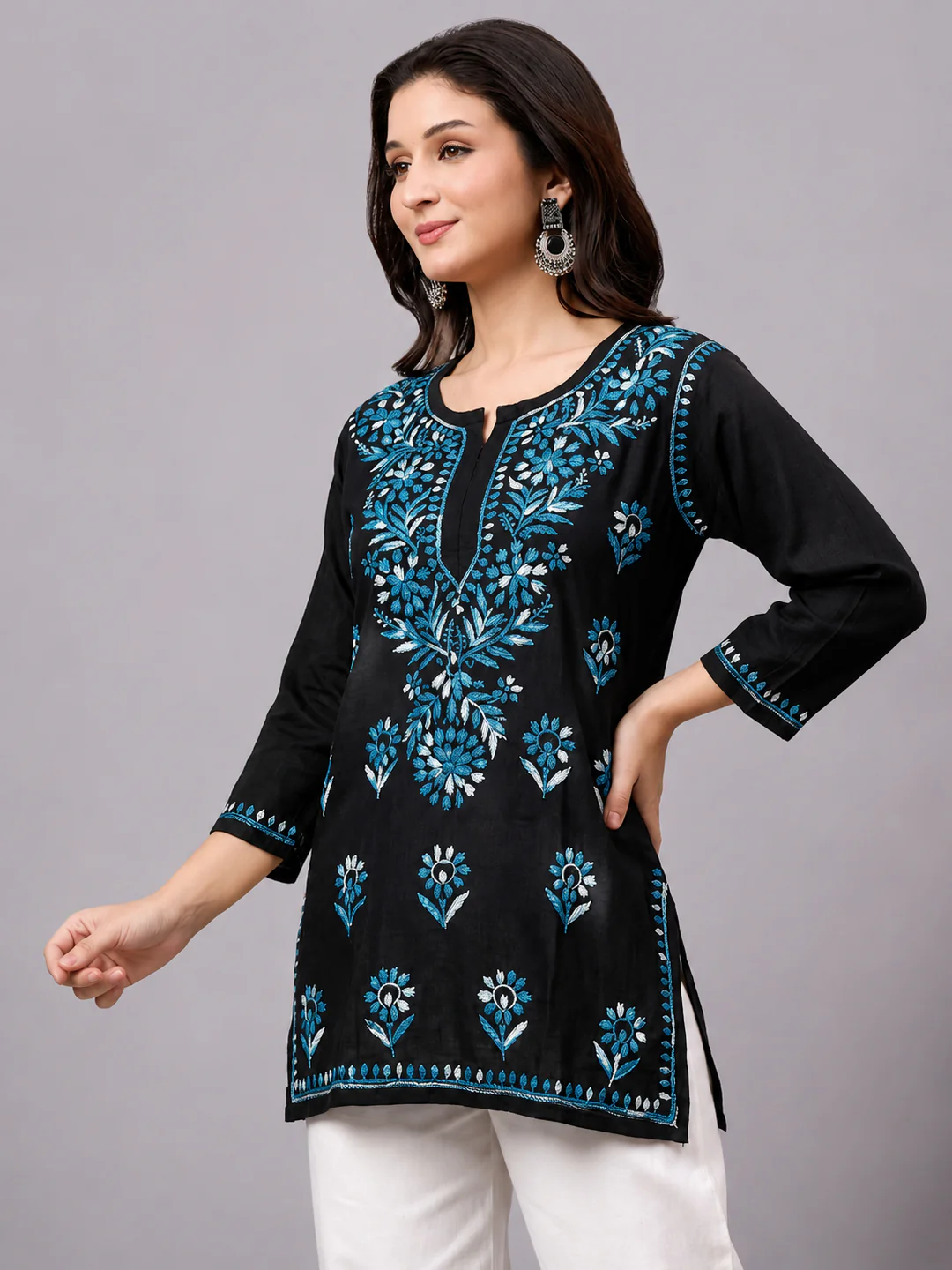 Yusra Rayon Chikankari Short Kurta - Blue - Image 4