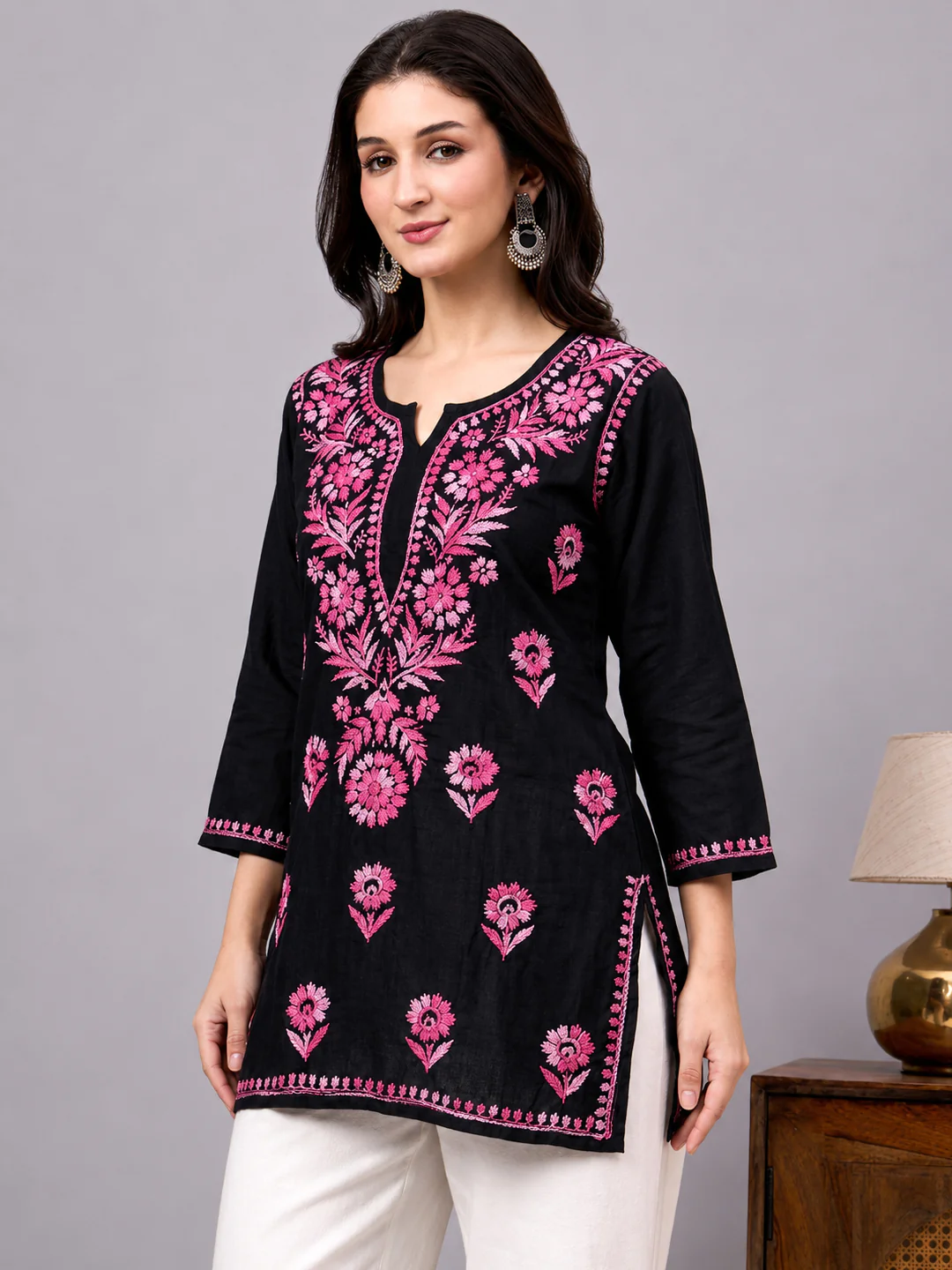 Yusra Rayon Chikankari Short Kurta - Pink - Image 2
