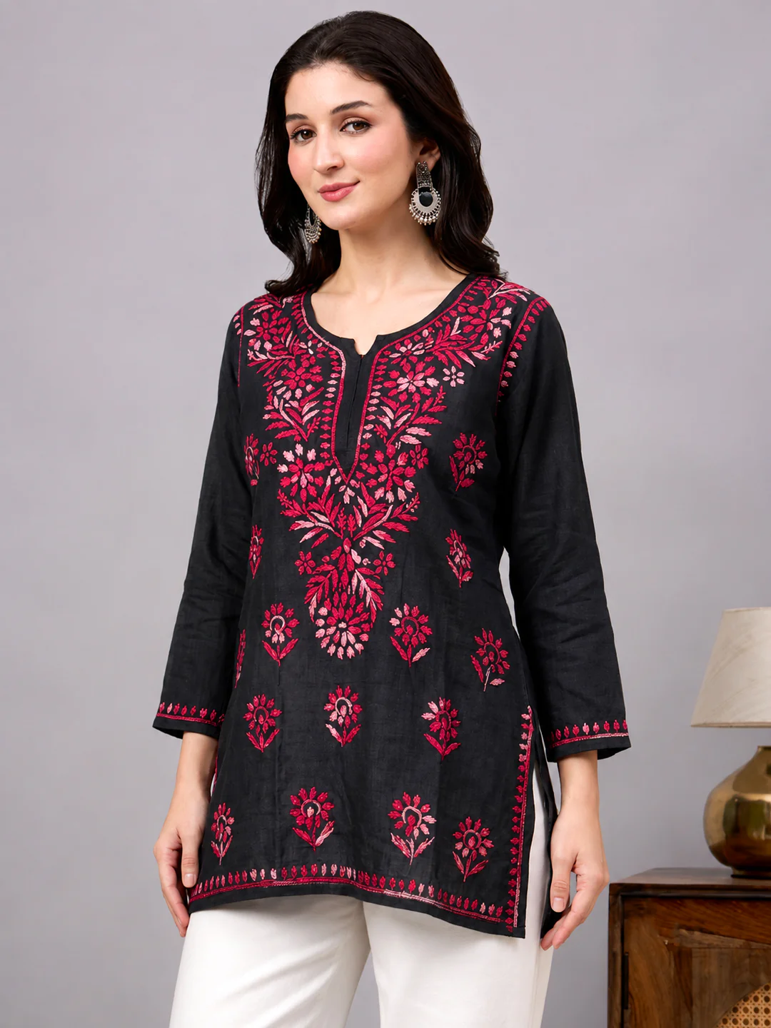 Yusra Rayon Chikankari Short Kurta - Red