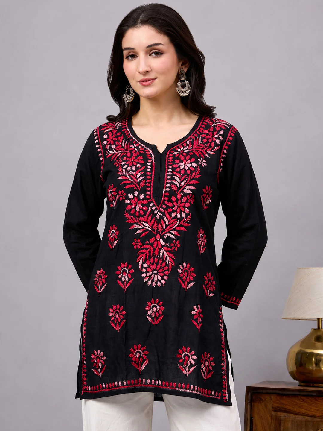 Yusra Rayon Chikankari Short Kurta - Red - Image 2