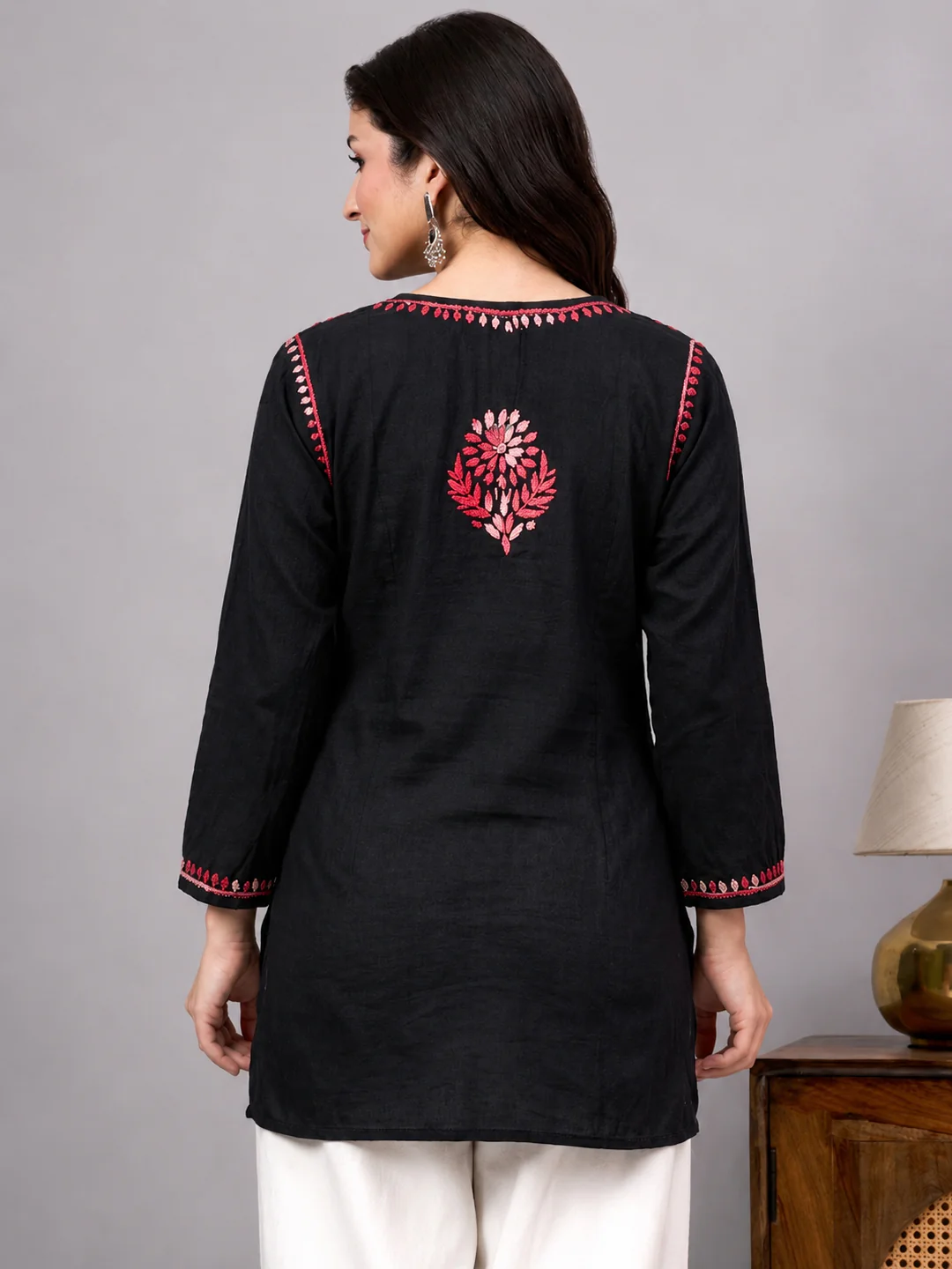 Yusra Rayon Chikankari Short Kurta - Red - Image 3