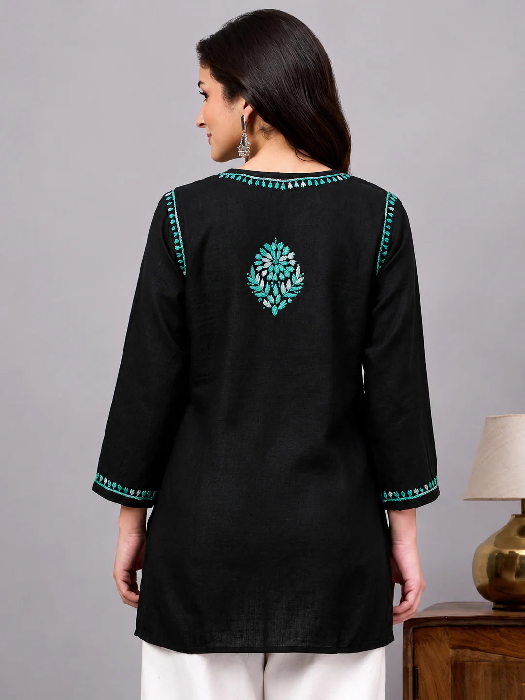 Yusra Rayon Chikankari Short Kurta - Sea Green - Image 3
