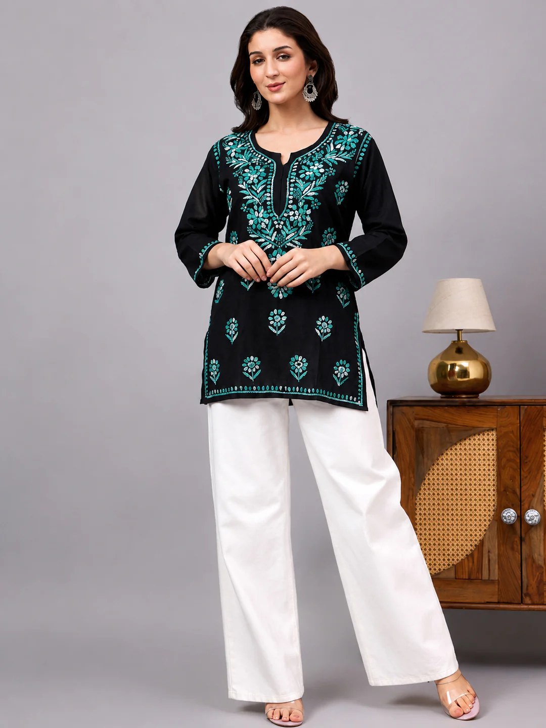 Yusra Rayon Chikankari Short Kurta - Sea Green - Image 4